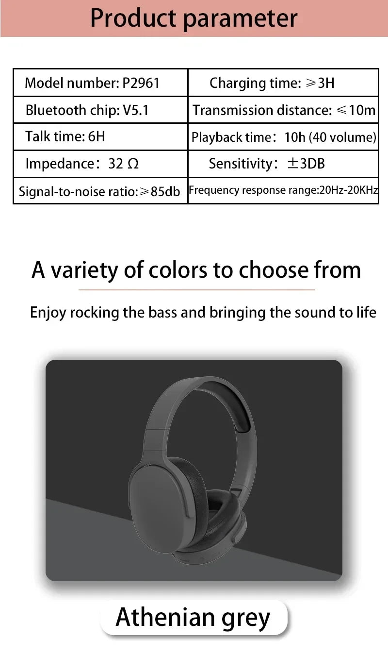 Wireless Bluetooth 5.3 Headphones Over Ear HIFI Stereo Headsets True Sports With Earphones TF/AUX Music Player With Mic